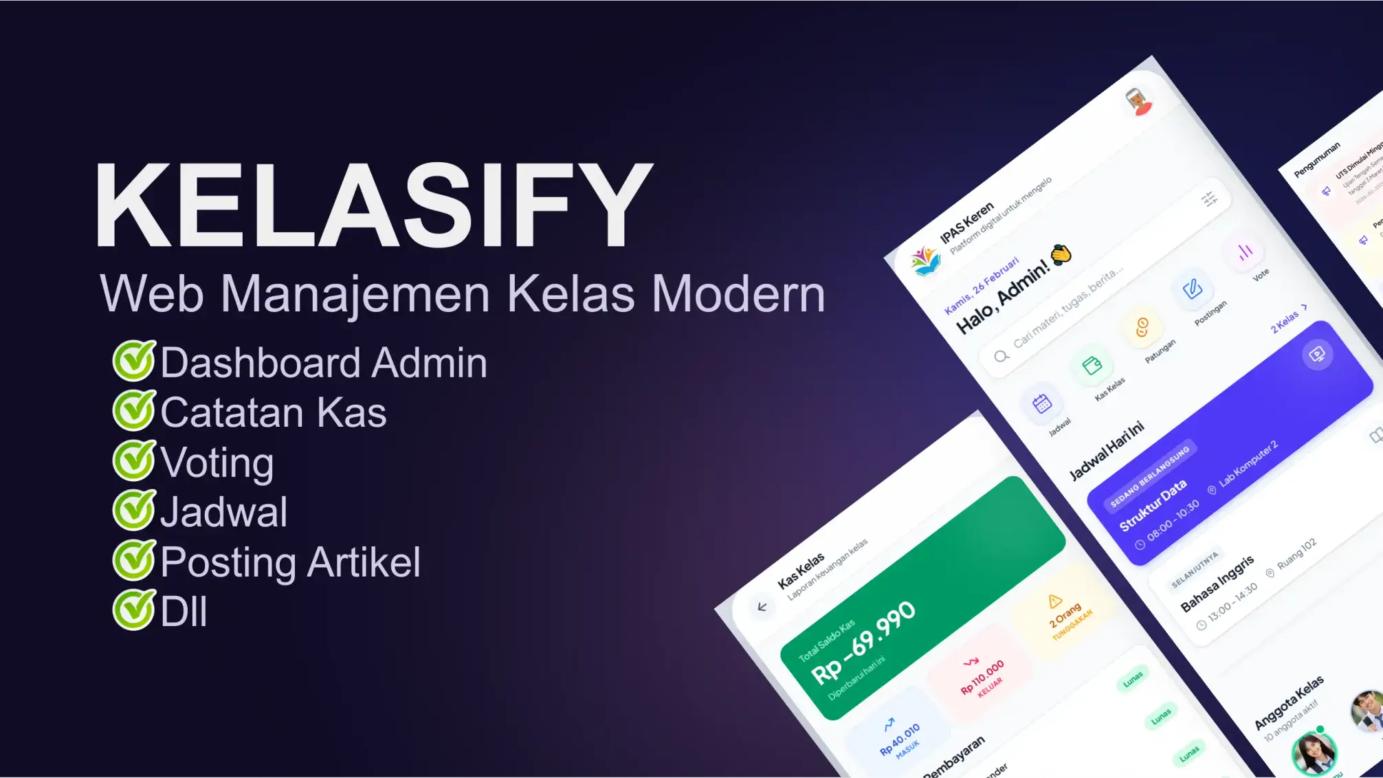 Slide 1 produk Kelasify - Template Website Manajemen Kelas Modern